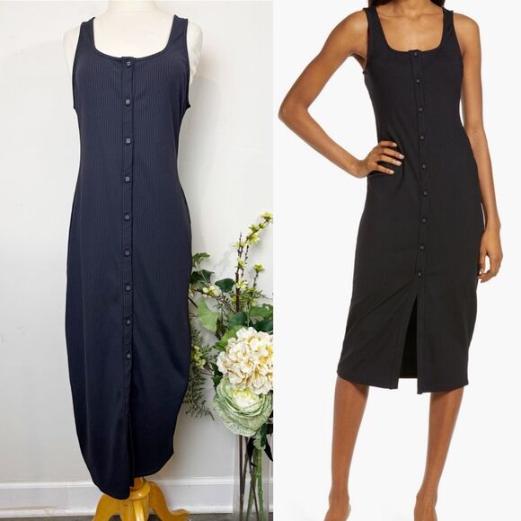 FOURTEENTH PLACE square neck rib knit body-con midi dress | large | black - Picture 1 of 10